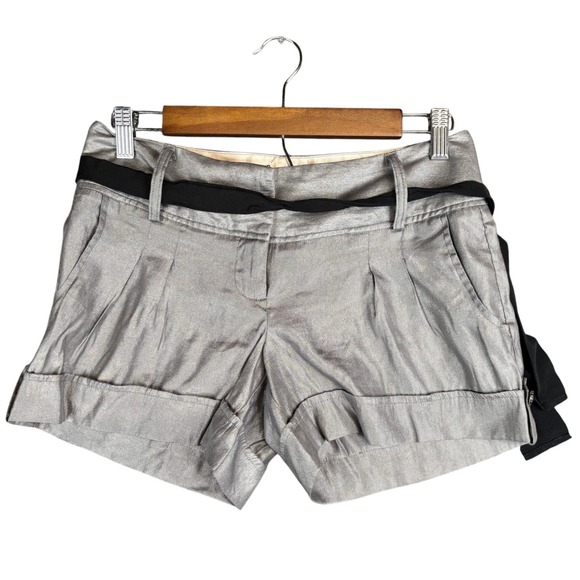 Daytrip Pants - Daytrip Metallic Silver Dress Shorts Women Size 1 Pleated Cuffed Ribbon Belt